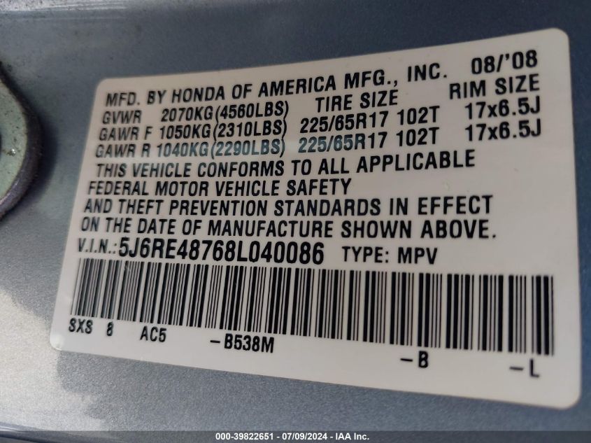 2008 Honda Cr-V Ex-L VIN: 5J6RE48768L040086 Lot: 39822651