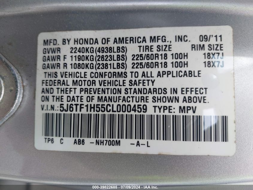 2012 Honda Crosstour Ex-L VIN: 5J6TF1H55CL000459 Lot: 39822685