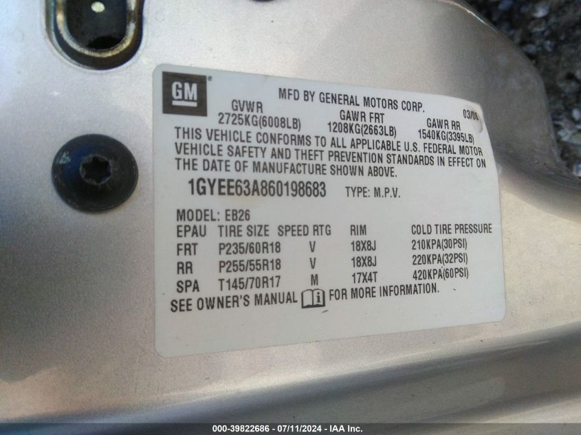 2006 Cadillac Srx V8 VIN: 1GYEE63A860198683 Lot: 39822686