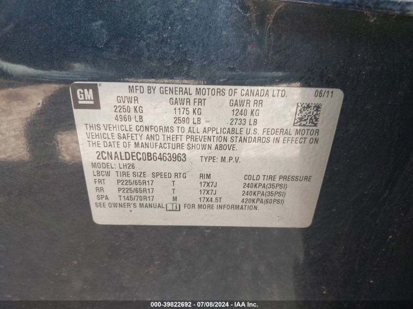 2011 Chevrolet Equinox 1Lt VIN: 2CNALDEC0B6463963 Lot: 39822692
