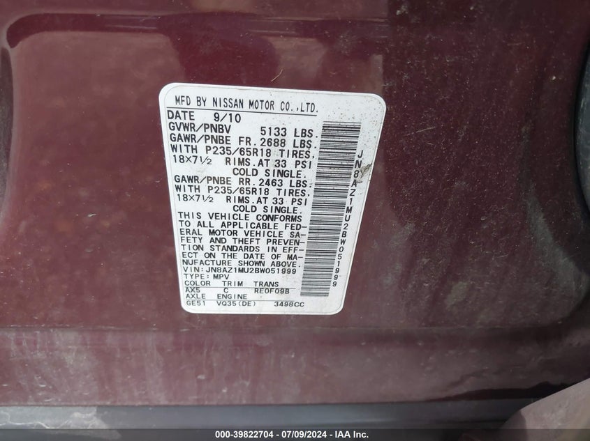 2011 Nissan Murano Sv VIN: JN8AZ1MU2BW051999 Lot: 39822704
