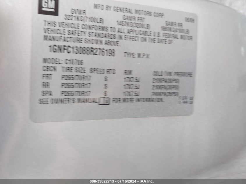 2008 Chevrolet Tahoe Lt VIN: 1GNFC13088R276198 Lot: 39822713