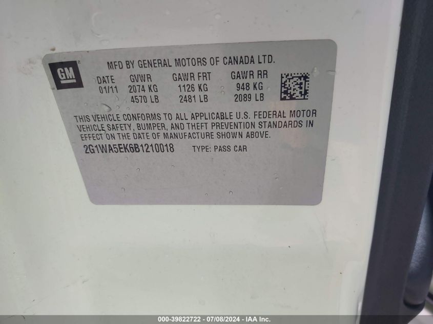 2011 Chevrolet Impala Ls VIN: 2G1WA5EK6B1210018 Lot: 39822722