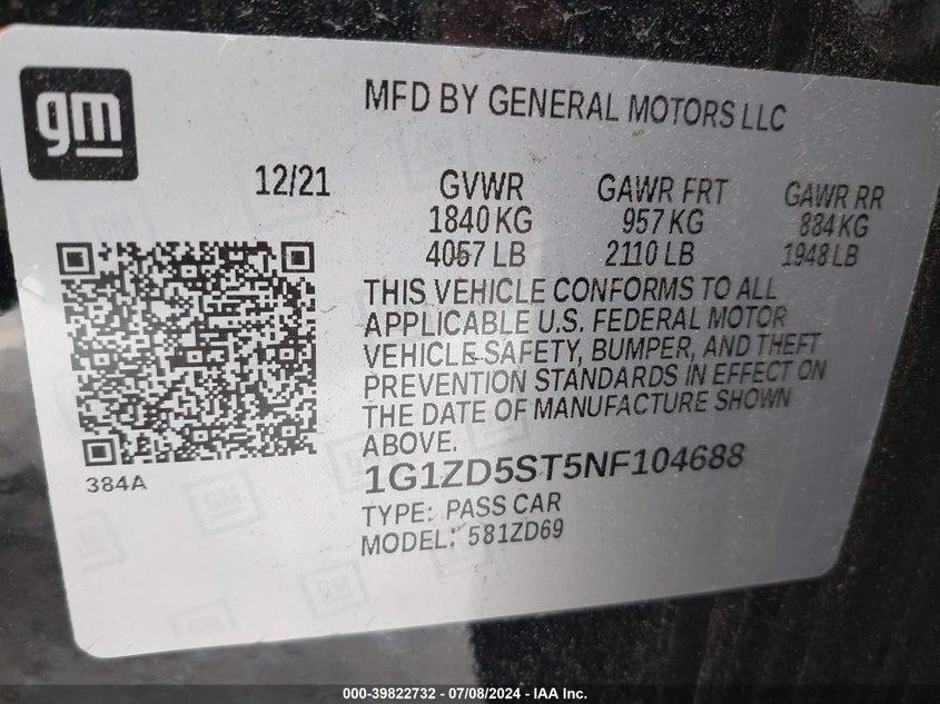 2022 Chevrolet Malibu Fwd Lt VIN: 1G1ZD5ST5NF104688 Lot: 39822732