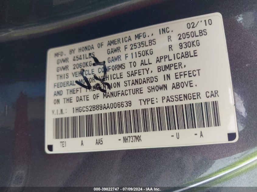 2010 Honda Accord 3.5 Ex-L VIN: 1HGCS2B89AA006639 Lot: 39822747