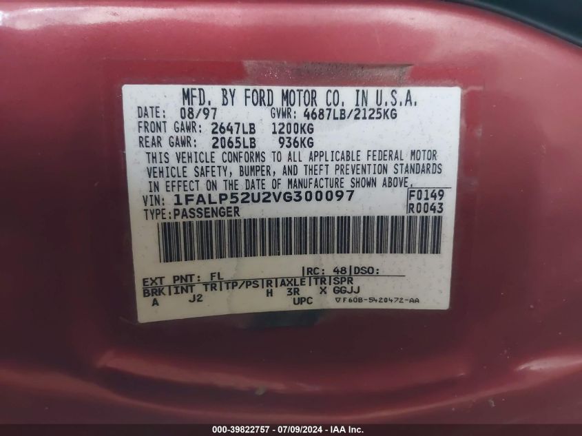 1997 Ford Taurus Gl VIN: 1FALP52U2VG300097 Lot: 39822757
