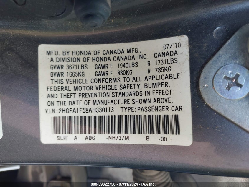 2010 Honda Civic Lx VIN: 2HGFA1F58AH330113 Lot: 39822758