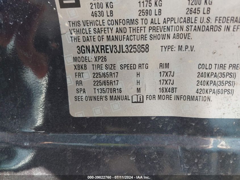 2018 Chevrolet Equinox Ls VIN: 3GNAXREV3JL325858 Lot: 39822760