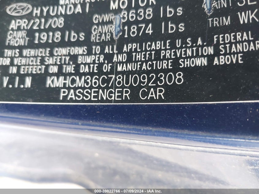 2008 Hyundai Accent Gs VIN: KMHCM36C78U092308 Lot: 39822766