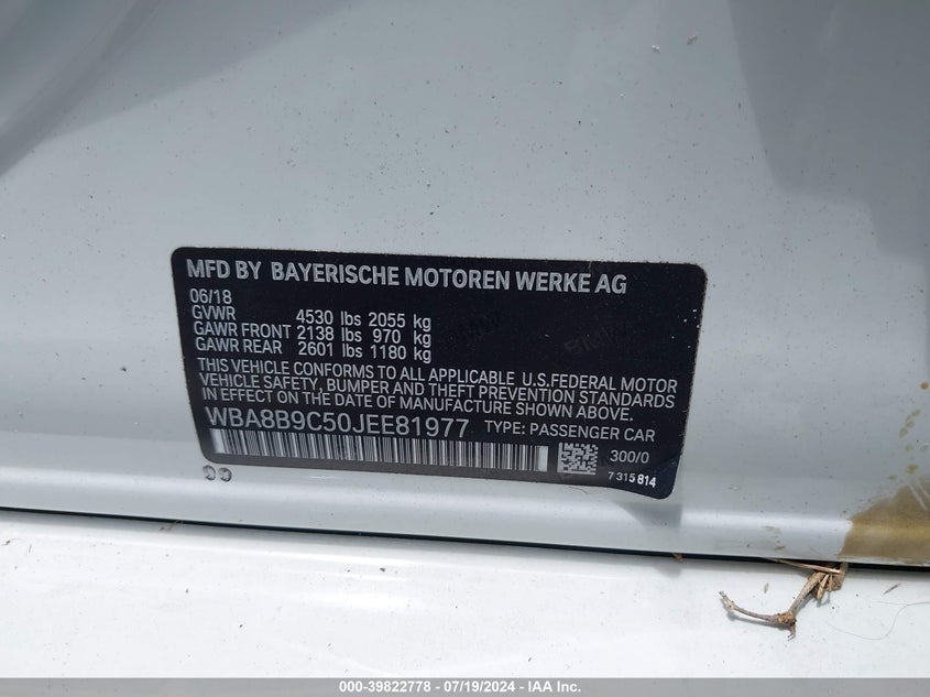 2018 BMW 330I VIN: WBA8B9C50JEE81977