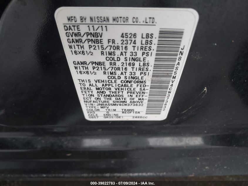 2012 Nissan Rogue S VIN: JN8AS5MV4CW373632 Lot: 39822783