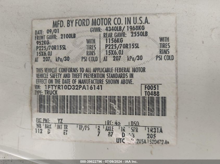 2002 Ford Ranger Xl/Xlt VIN: 1FTYR10D32PA16141 Lot: 39822796