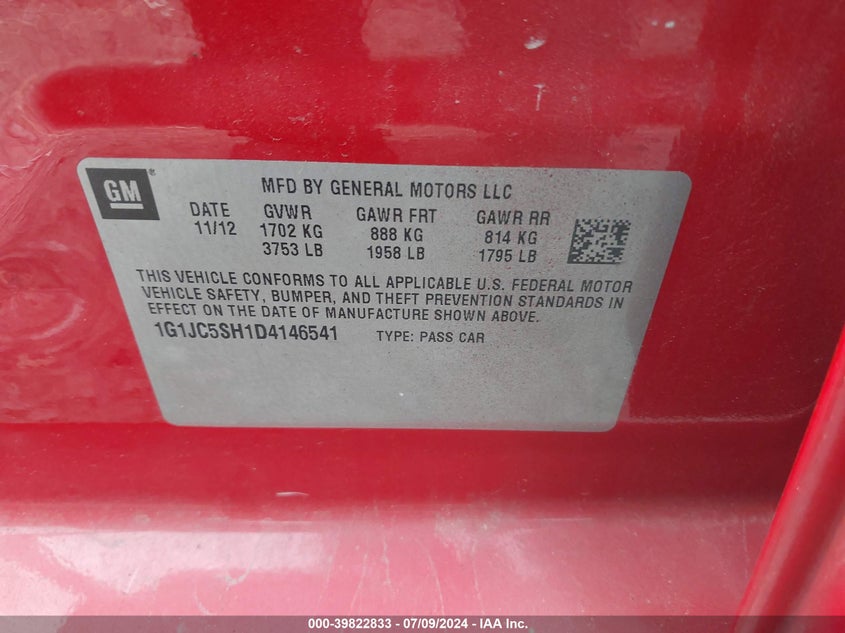 2013 Chevrolet Sonic Lt VIN: 1G1JC5SH1D4146541 Lot: 39822833