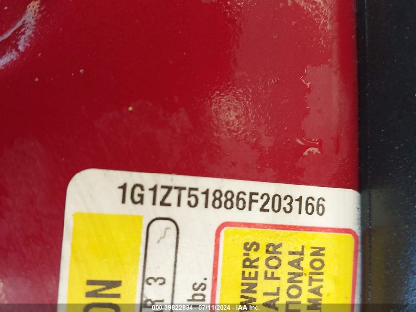2006 Chevrolet Malibu Lt VIN: 1G1ZT51886F203166 Lot: 39822834