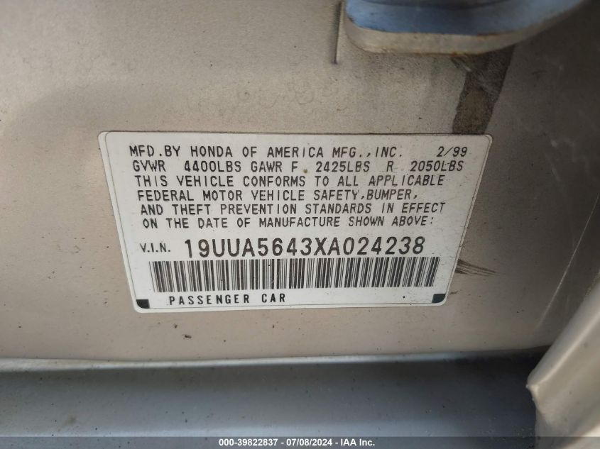 1999 Acura Tl 3.2 VIN: 19UUA5643XA024238 Lot: 39822837