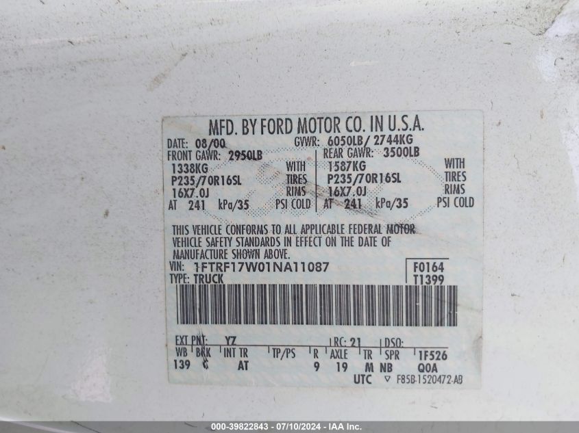 2001 Ford F150 VIN: 1FTRF17W01NA11087 Lot: 39822843