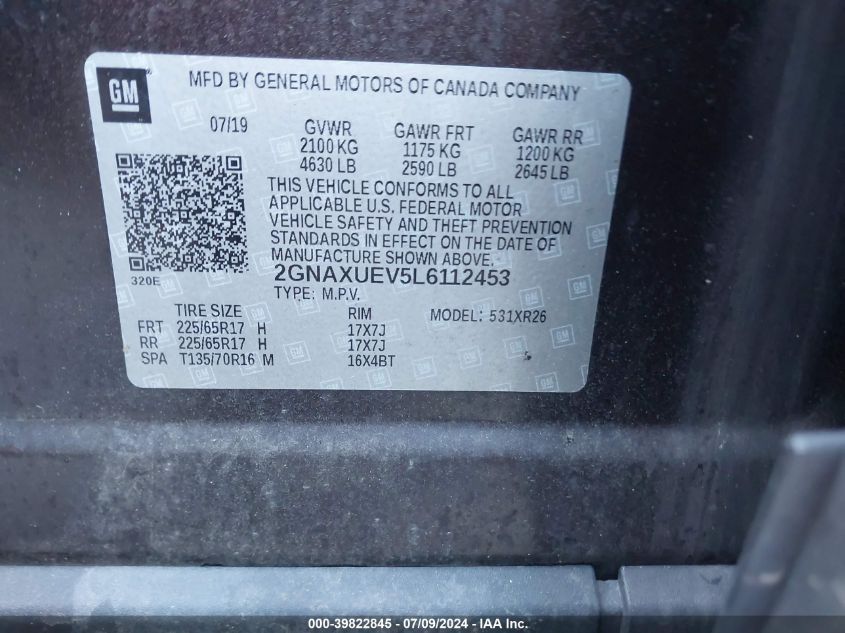 2020 Chevrolet Equinox Lt VIN: 2GNAXUEV5L6112453 Lot: 39822845