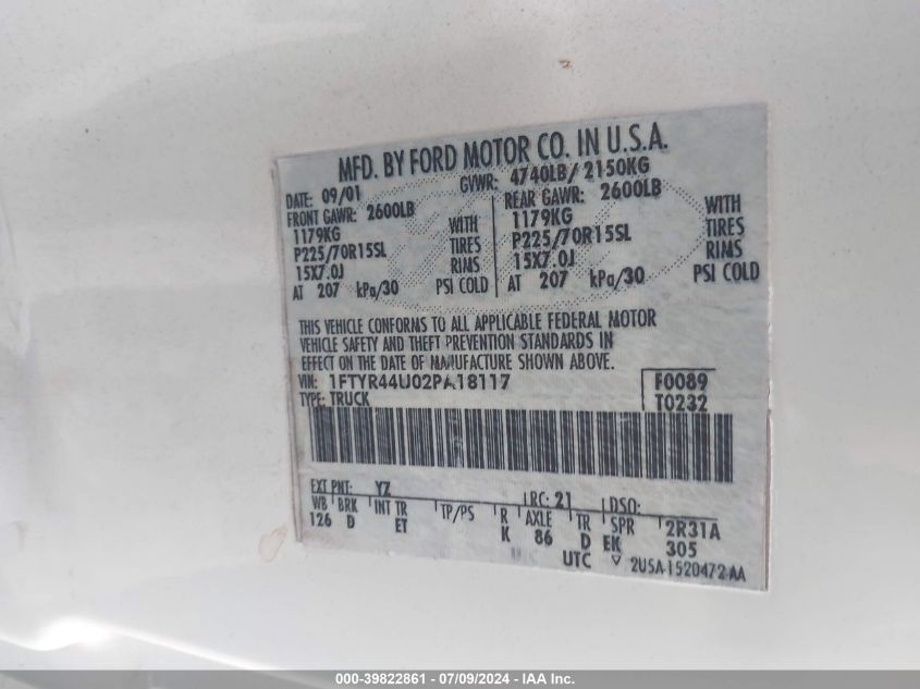 2002 Ford Ranger Super Cab VIN: 1FTYR44U02PA18117 Lot: 39822861