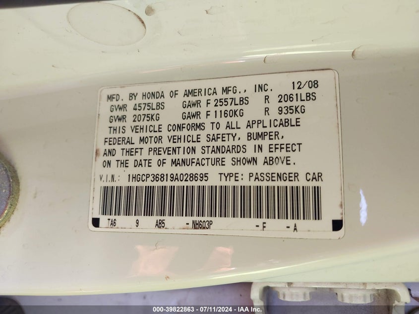 2009 Honda Accord 3.5 Ex-L VIN: 1HGCP36819A028695 Lot: 39822863