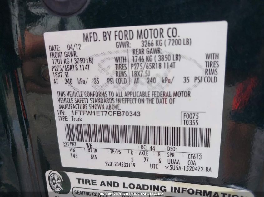 2012 Ford F150 Supercrew VIN: 1FTFW1ET7CFB70343 Lot: 39822870
