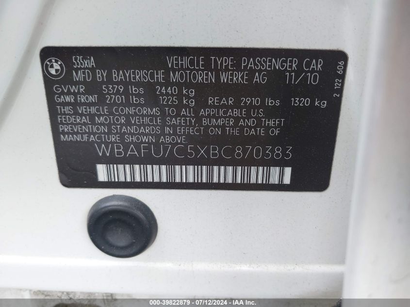 2011 BMW 535I xDrive VIN: WBAFU7C5XBC870383 Lot: 39822879