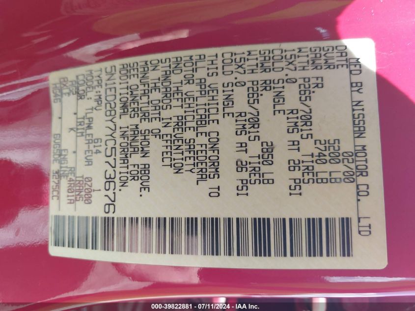 2000 Nissan Xterra Se/Xe VIN: 5N1ED28Y7YC573676 Lot: 39822881