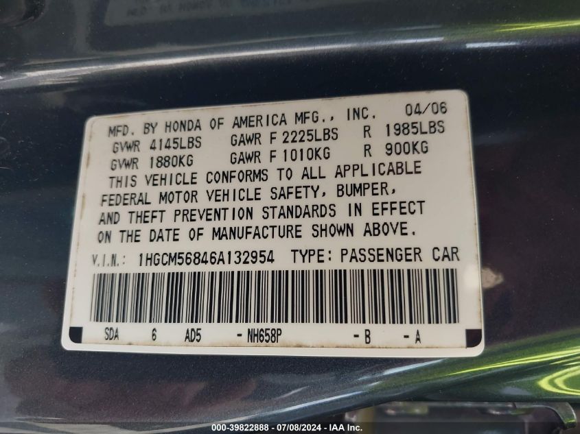 2006 Honda Accord 2.4 Ex VIN: 1HGCM56846A132954 Lot: 39822888