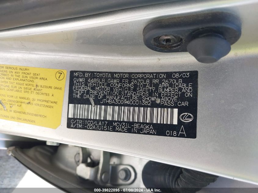 2004 Lexus Es 330 VIN: JTHBA30G940001382 Lot: 39822895