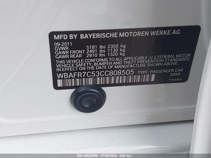 2012 BMW 535 I VIN: WBAFR7C53CC808505 Lot: 39822896