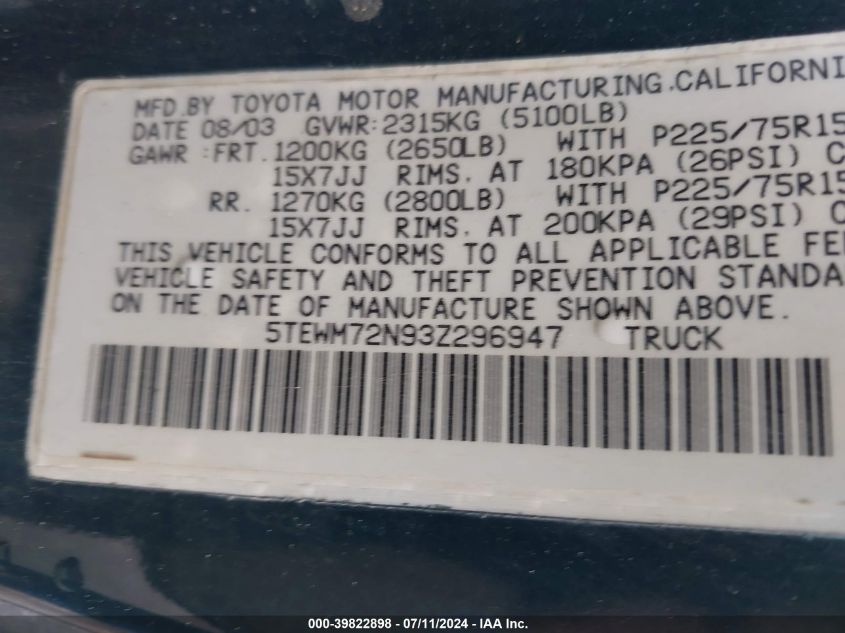 2003 Toyota Tacoma VIN: 5TEWM72N93Z296947 Lot: 39822898
