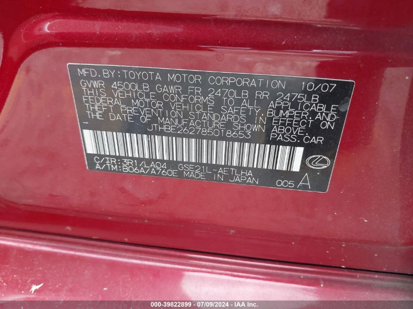 2008 Lexus Is 350 VIN: JTHBE262785018653 Lot: 39822899