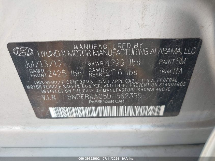2013 Hyundai Sonata Gls VIN: 5NPEB4AC5DH562355 Lot: 39822902