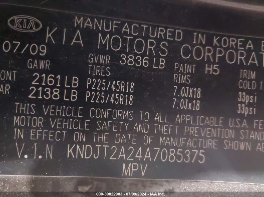 2010 Kia Soul +/!/Sport VIN: KNDJT2A24A7085375 Lot: 39822903