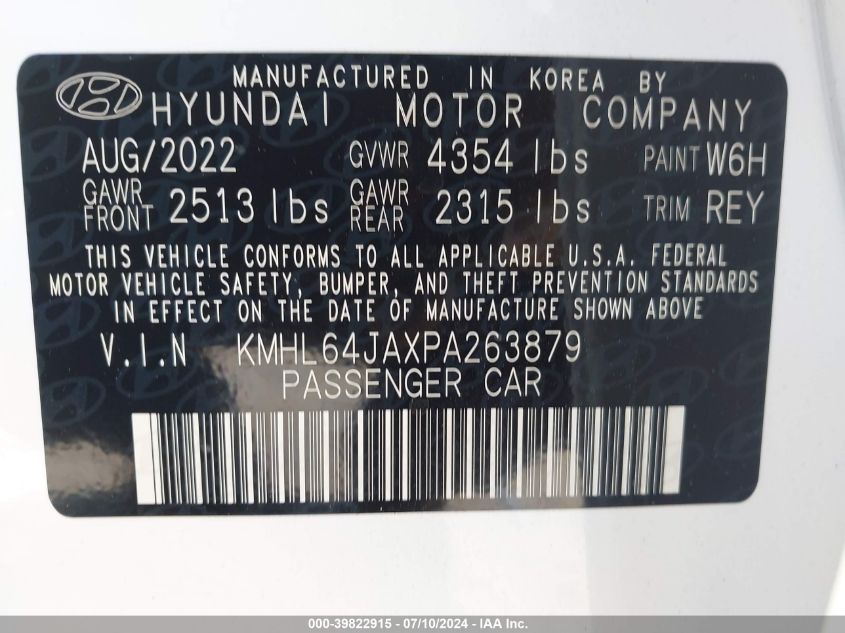 2023 Hyundai Sonata Sel VIN: KMHL64JAXPA263879 Lot: 39822915