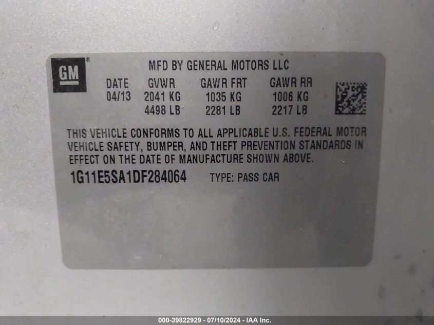 2013 Chevrolet Malibu 2Lt VIN: 1G11E5SA1DF284064 Lot: 39822929