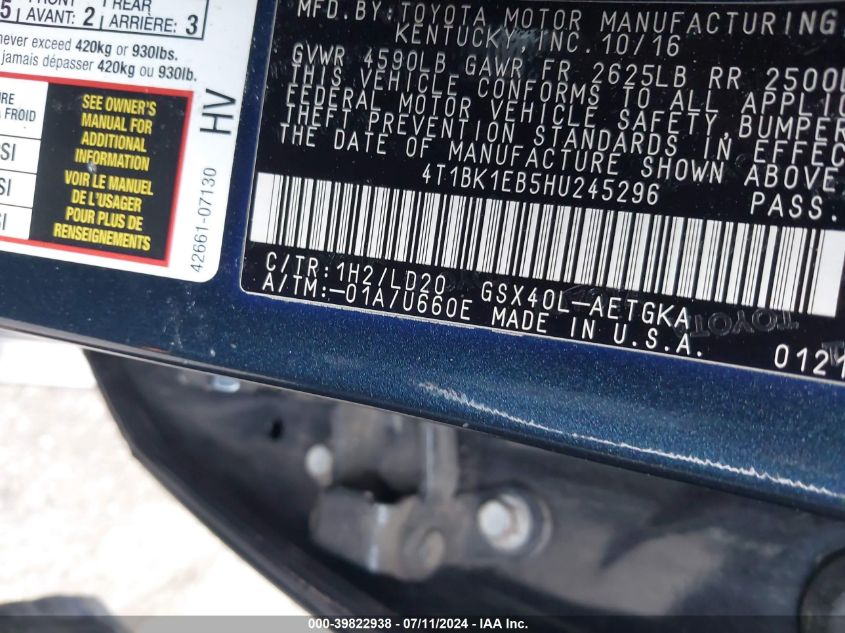 2017 Toyota Avalon Xle VIN: 4T1BK1EB5HU245296 Lot: 39822938