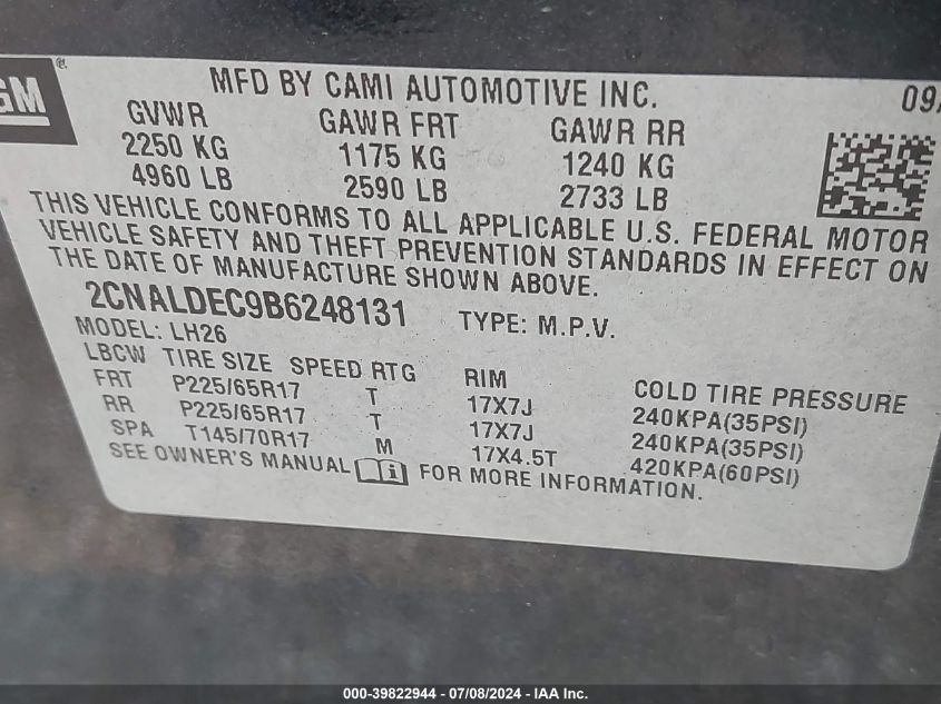 2011 Chevrolet Equinox 1Lt VIN: 2CNALDEC9B6248131 Lot: 39822944