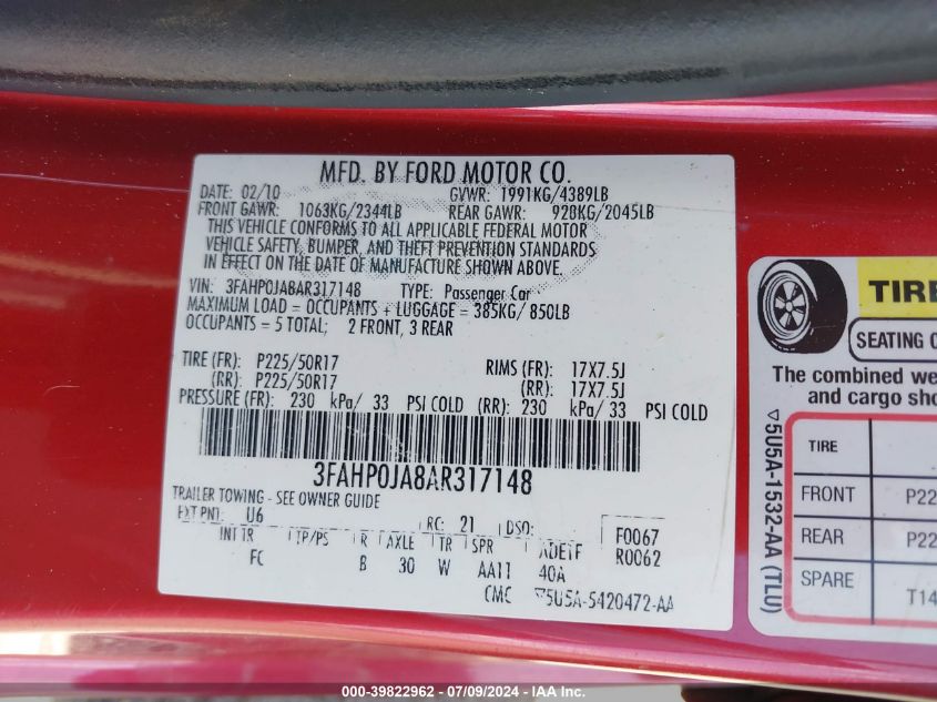 2010 Ford Fusion Sel VIN: 3FAHP0JA8AR317148 Lot: 39822962