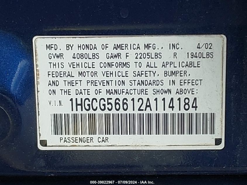 1HGCG56612A114184 | 2002 HONDA ACCORD