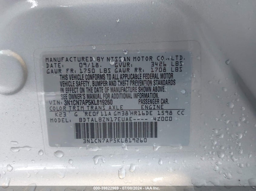 2019 Nissan Versa 1.6 Sv VIN: 3N1CN7AP5KL819260 Lot: 39822969