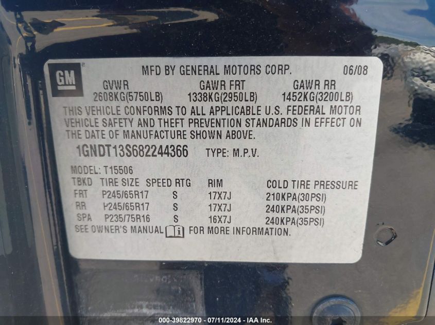 2008 Chevrolet Trailblazer Lt VIN: 1GNDT13S682244366 Lot: 39822970