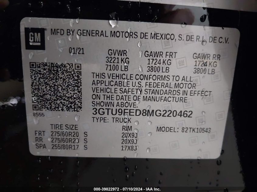 2021 GMC Sierra 1500 4Wd Short Box Denali VIN: 3GTU9FED8MG220462 Lot: 39822972