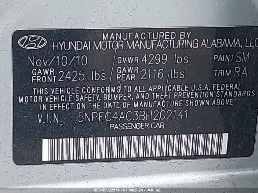 2011 Hyundai Sonata Limited VIN: 5NPEC4AC3BH202141 Lot: 39822974