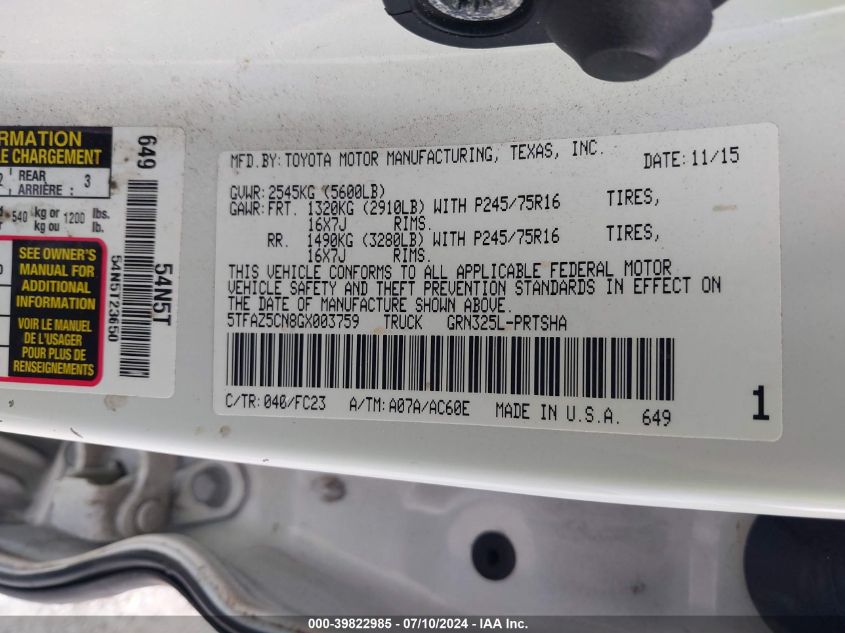 2016 Toyota Tacoma Dbl Cab/Sr5/Trd Sport/Or VIN: 5TFAZ5CN8GX003759 Lot: 39822985