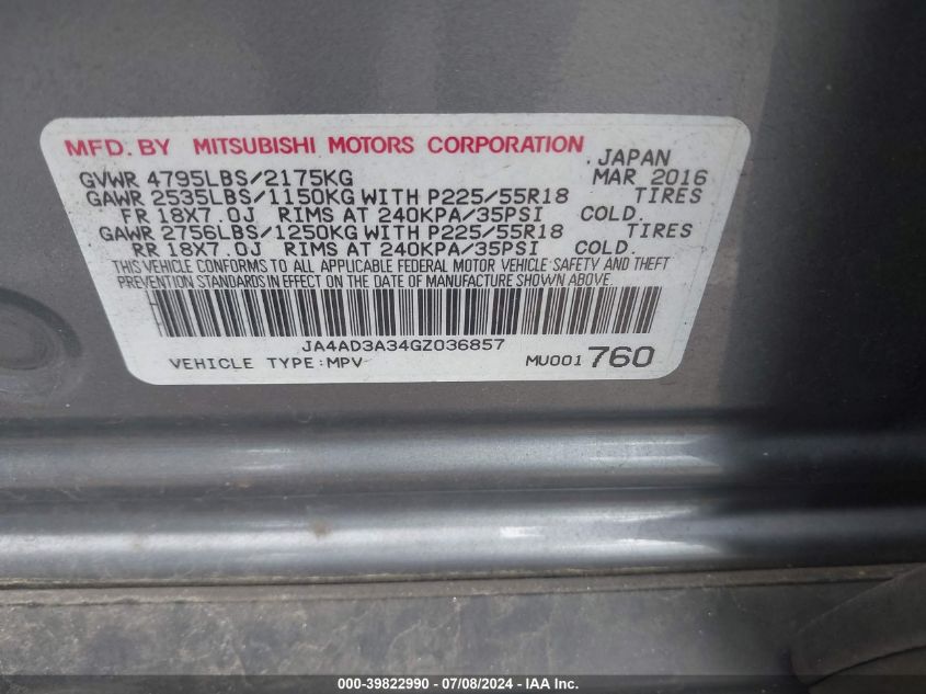 2016 Mitsubishi Outlander Sel VIN: JA4AD3A34GZ036857 Lot: 39822990