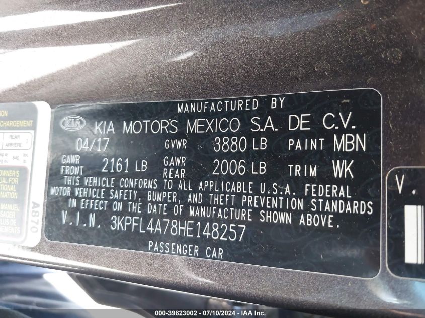 2017 Kia Forte Lx VIN: 3KPFL4A78HE148257 Lot: 39823002