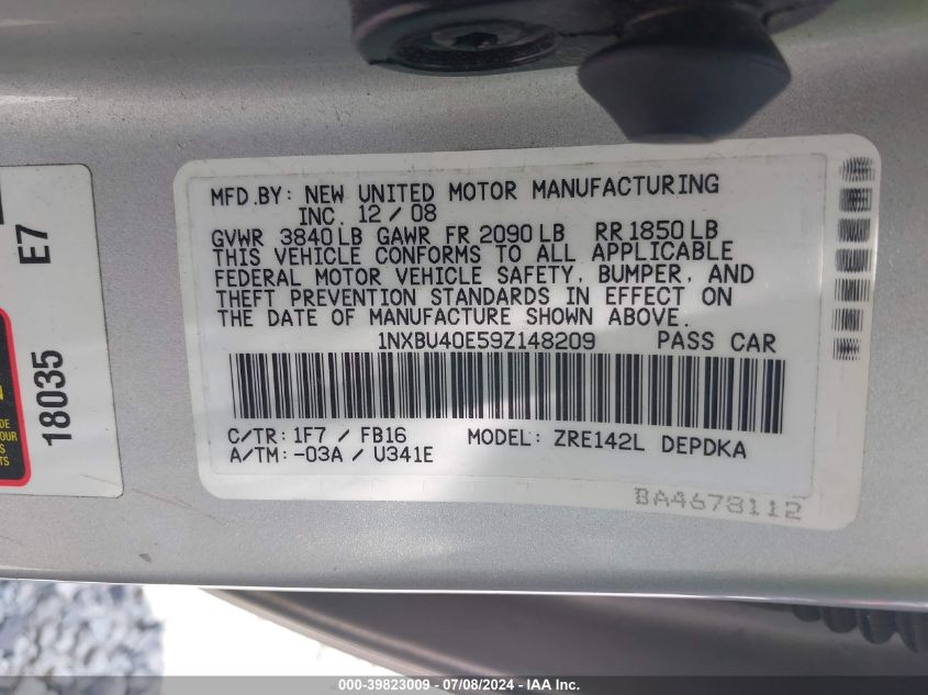 2009 Toyota Corolla Le VIN: 1NXBU40E59Z148209 Lot: 39823009