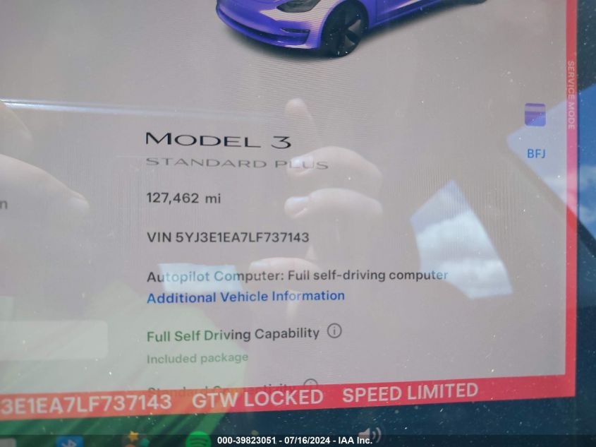 2020 Tesla Model 3 Standard Range Plus Rear-Wheel Drive/Standard Range Rear-Wheel Drive VIN: 5YJ3E1EA7LF737143 Lot: 39823051