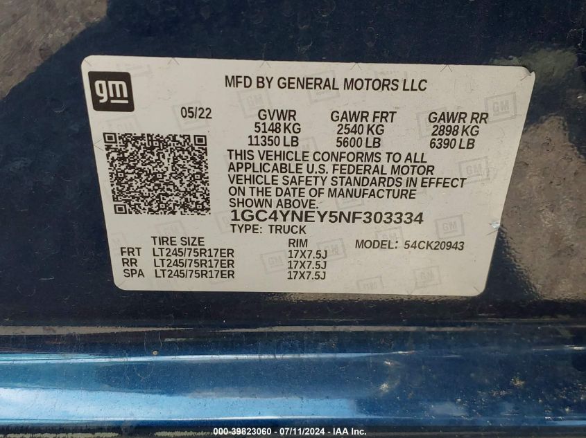 2022 Chevrolet Silverado 2500Hd 4Wd Long Bed Lt VIN: 1GC4YNEY5NF303334 Lot: 39823060