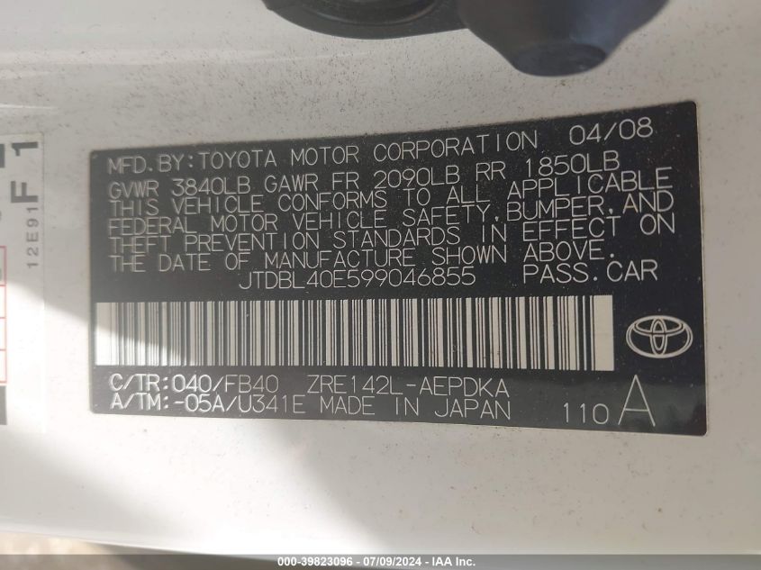 2009 Toyota Corolla Le VIN: JTDBL40E599046855 Lot: 39823096